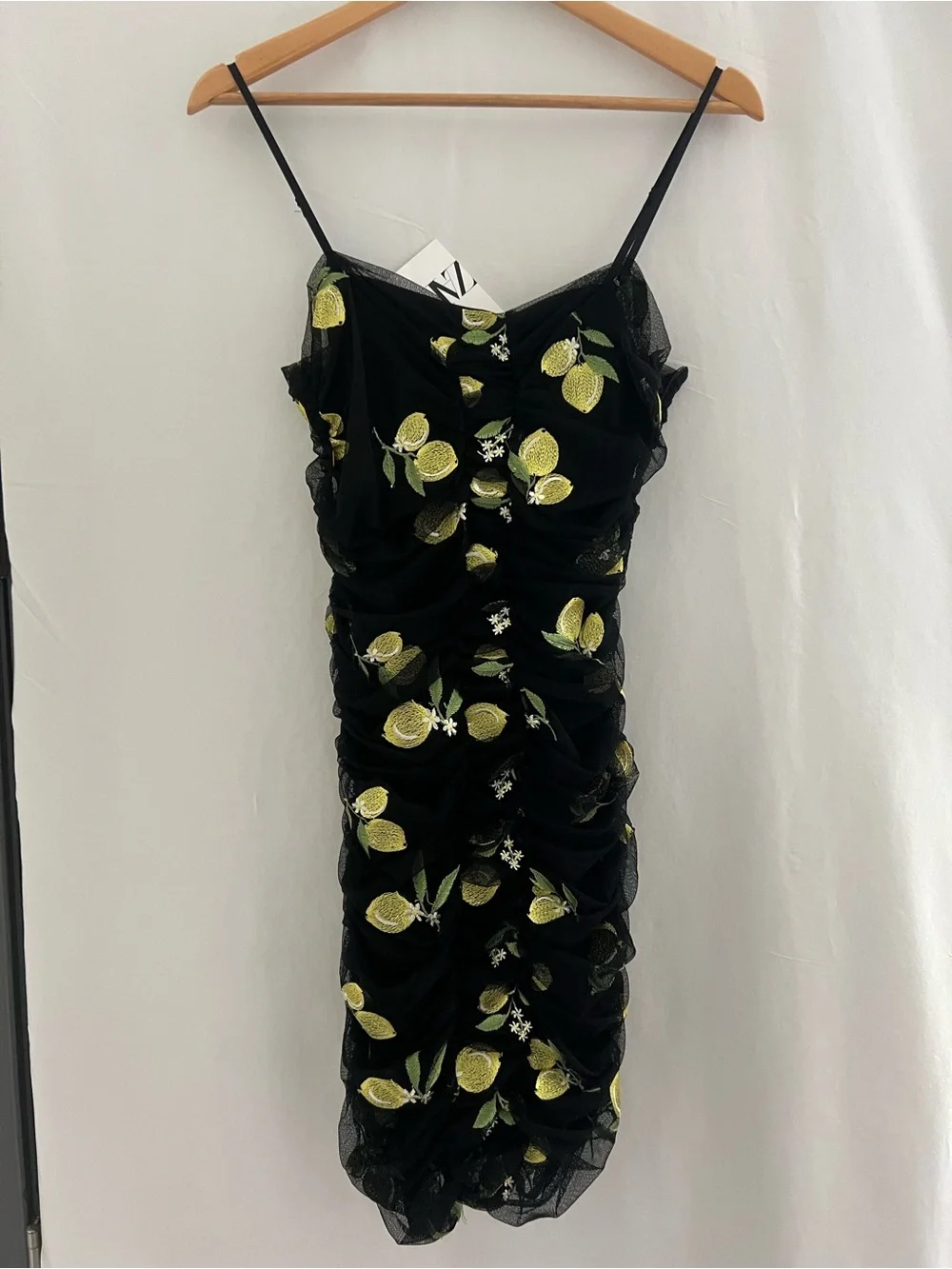 NWT ZARA Black Embroidered Lemon Fruit  Tulle Draped BodyCon Mini Dress Small